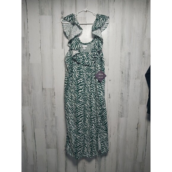 Ava & Viv Ruffle 2X Midi Linen Blend Dress Zebra Print Green & White NWT - Picture 1 of 9